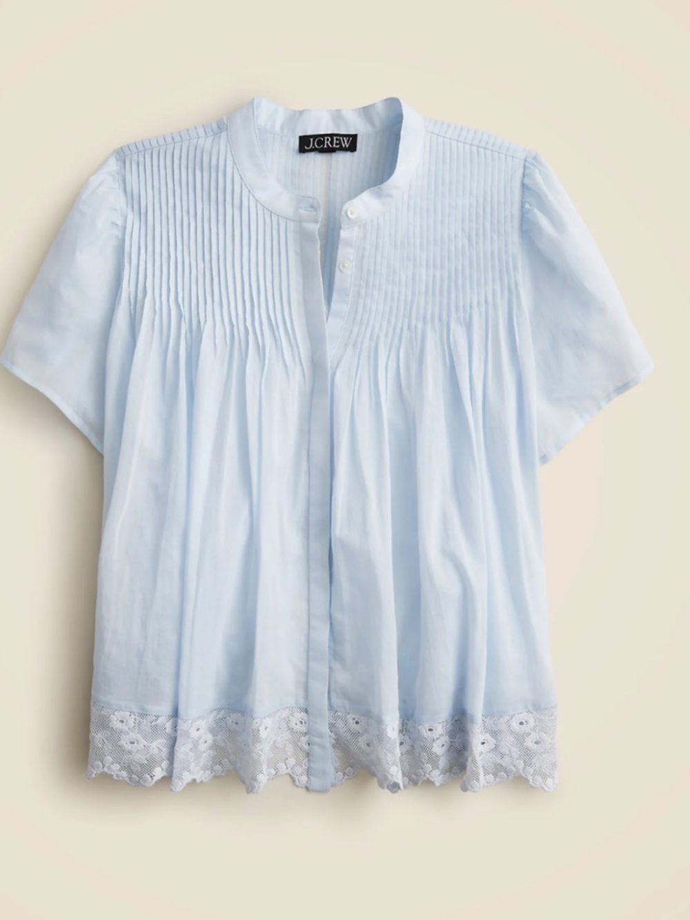 J. Crew Pale Blue Pintuck Cotton Blouse with Lace Hem